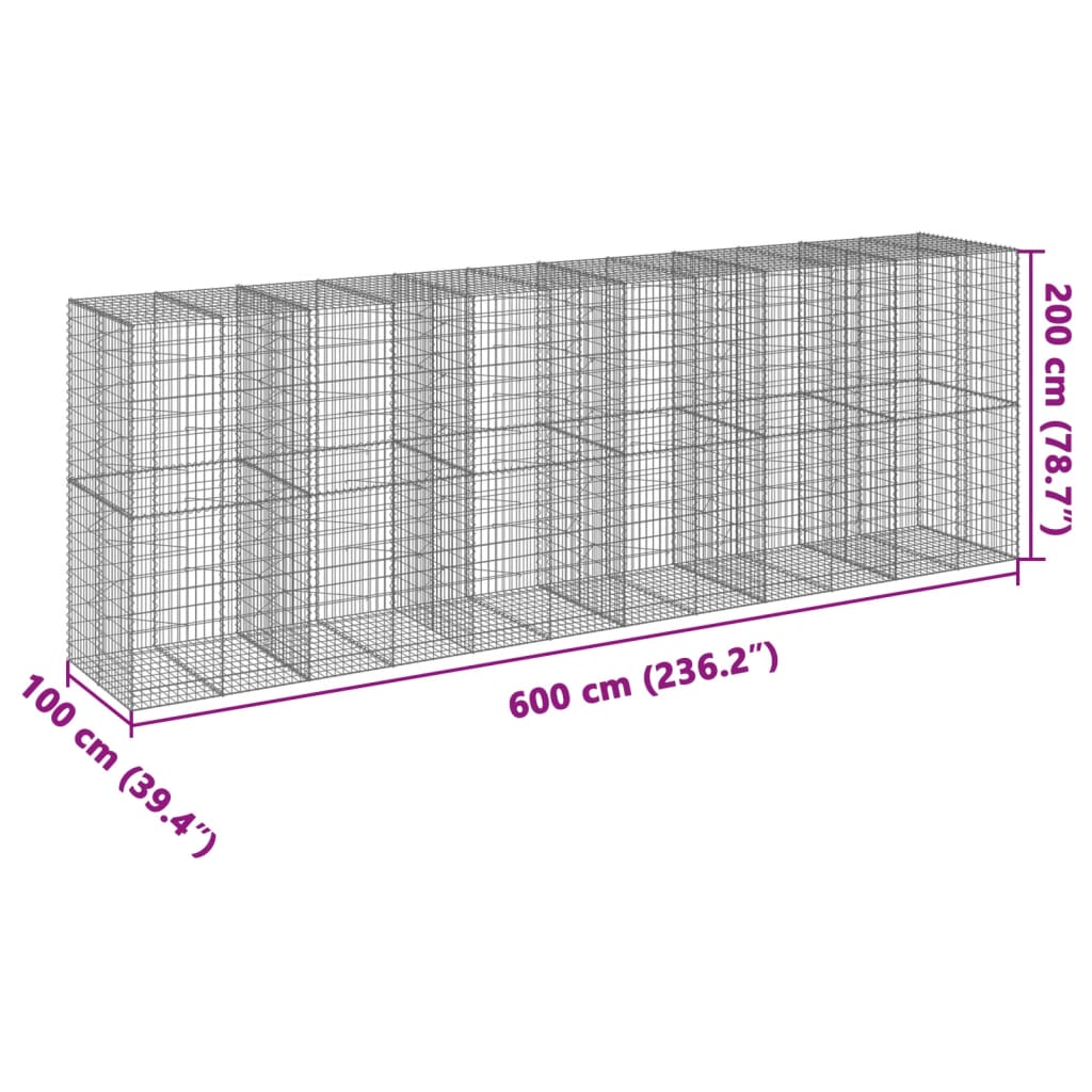 vidaXL Gabion Basket with Cover 600x100x200 cm Galvanised Iron