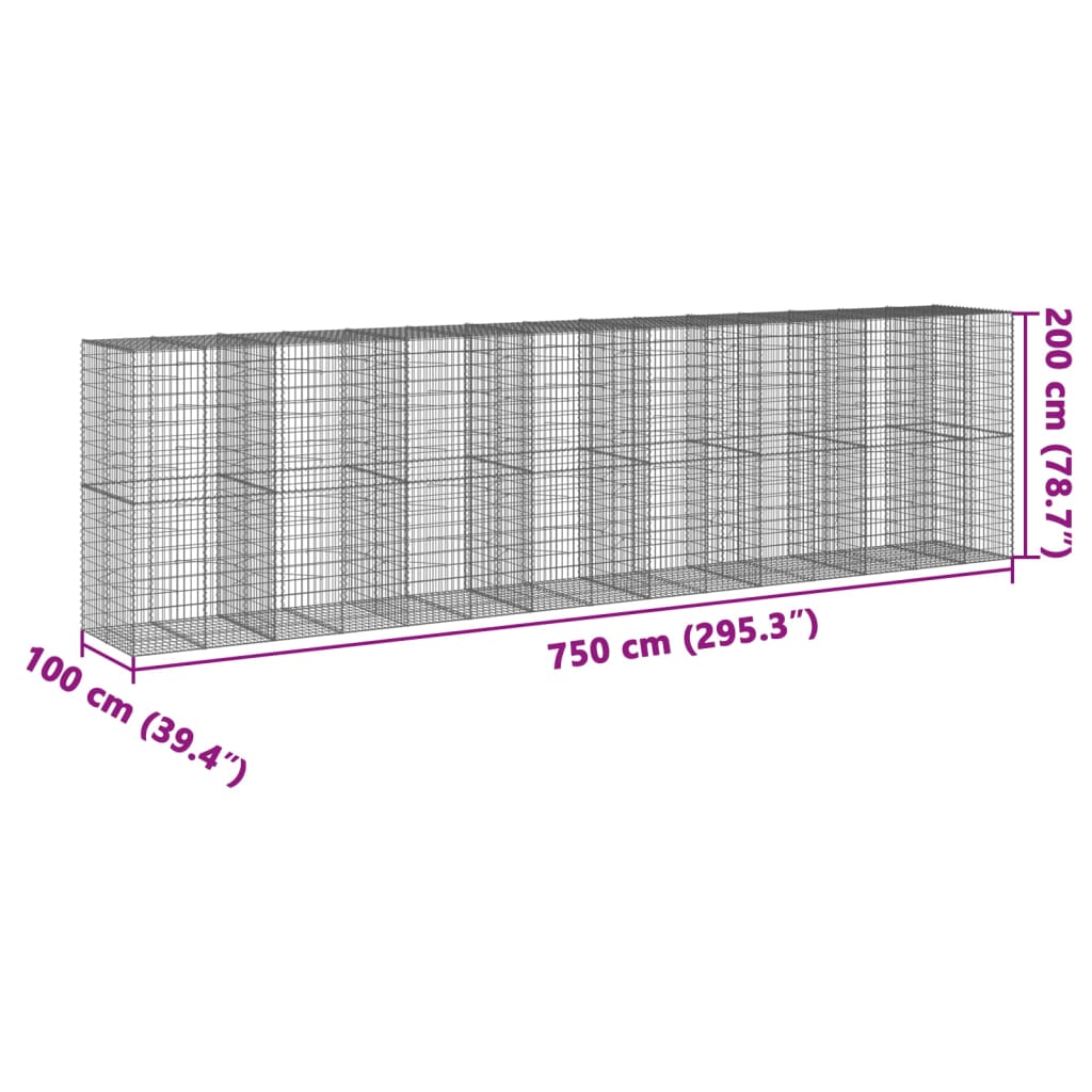 vidaXL Gabion Basket with Cover 750x100x200 cm Galvanised Iron