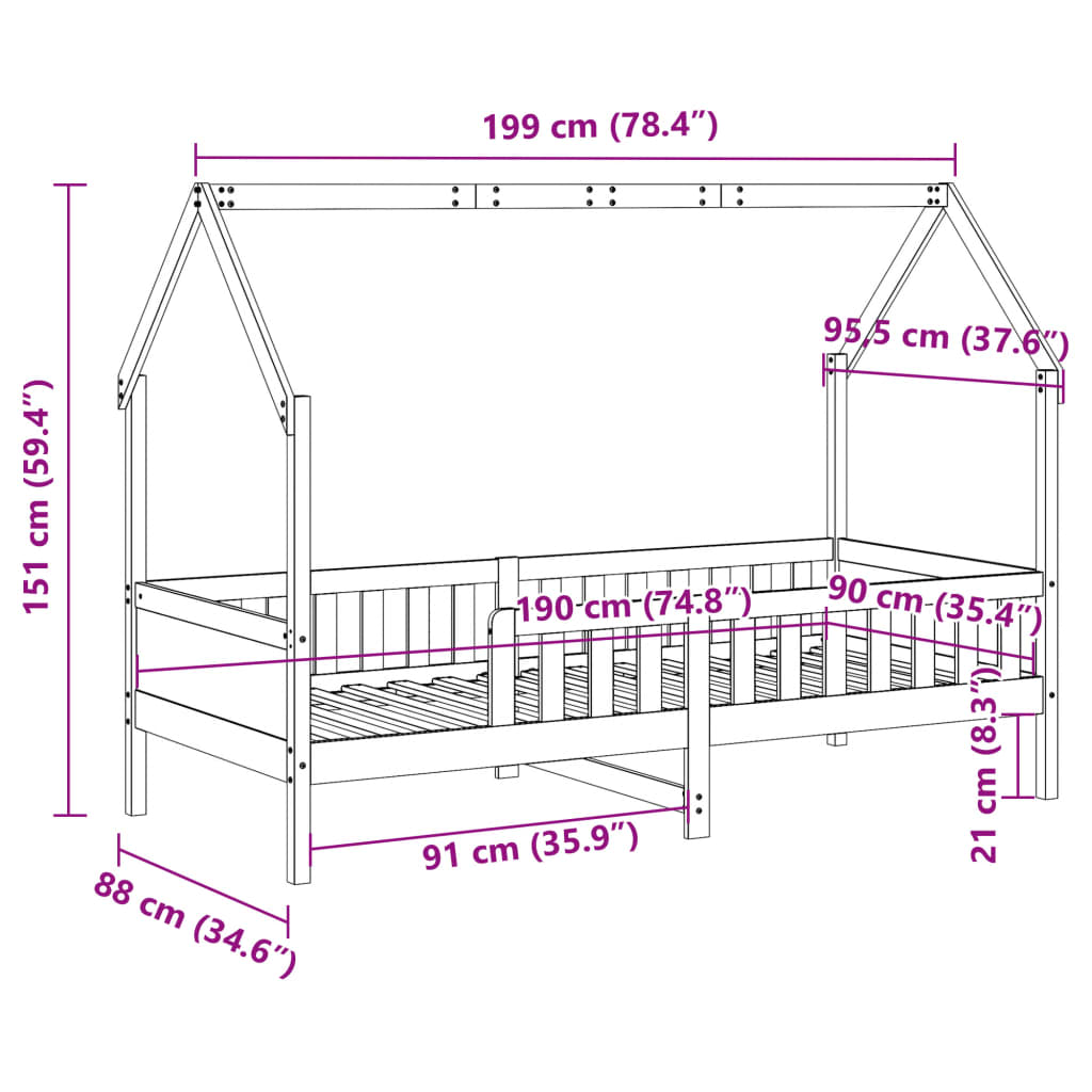 vidaXL Kids' House Bed Frame without Mattress 90x190 cm Single Pine