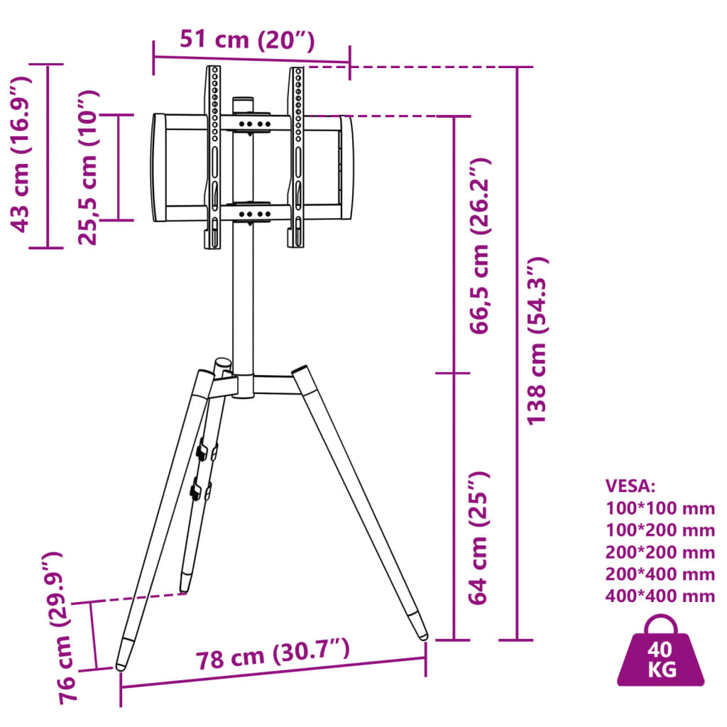 vidaXL TV Tripod Stand for 37-65 Inch Screen Max VESA 400x400 mm 40 kg