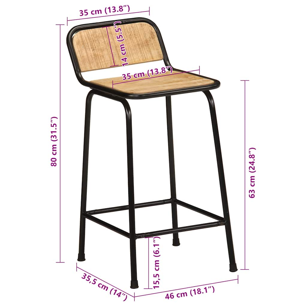 vidaXL Bar Stools 2 pcs 46x35.5x80 cm Solid Wood Rough Mango