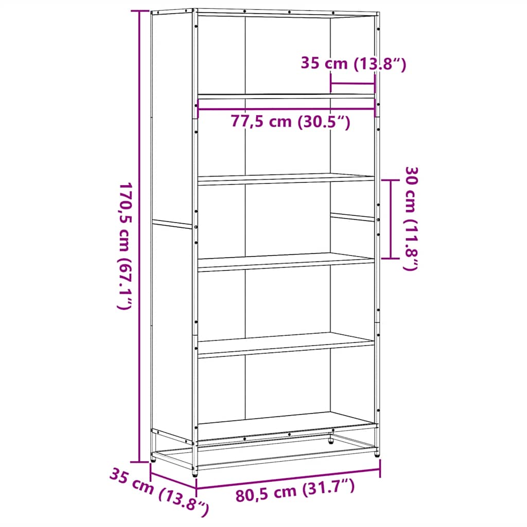 Bookcase Smoked Oak 80,5x35x170,5 cm Engineered Wood