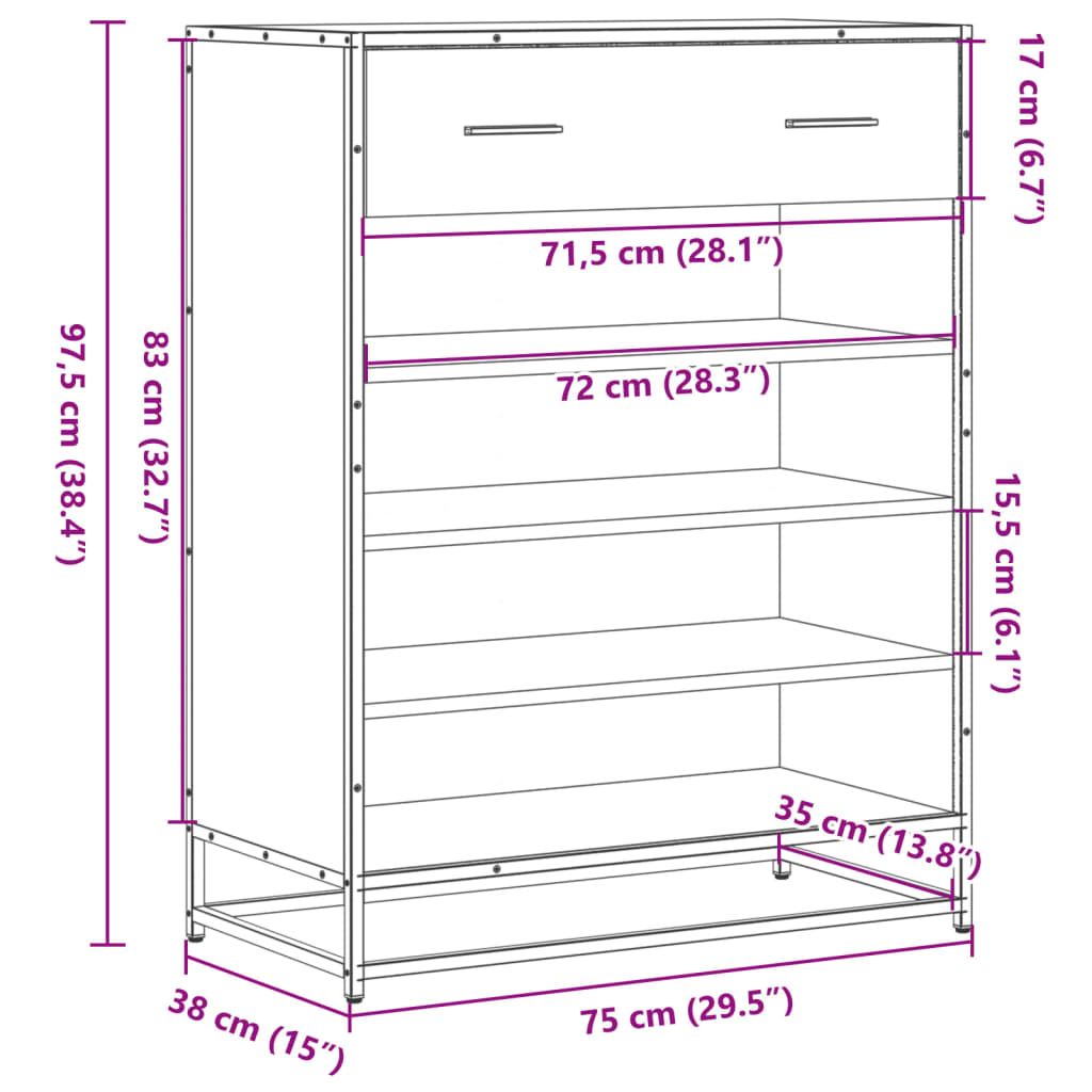 Shoe Cabinet Smoked Oak 75x38x97.5 cm Engineered Wood and Metal