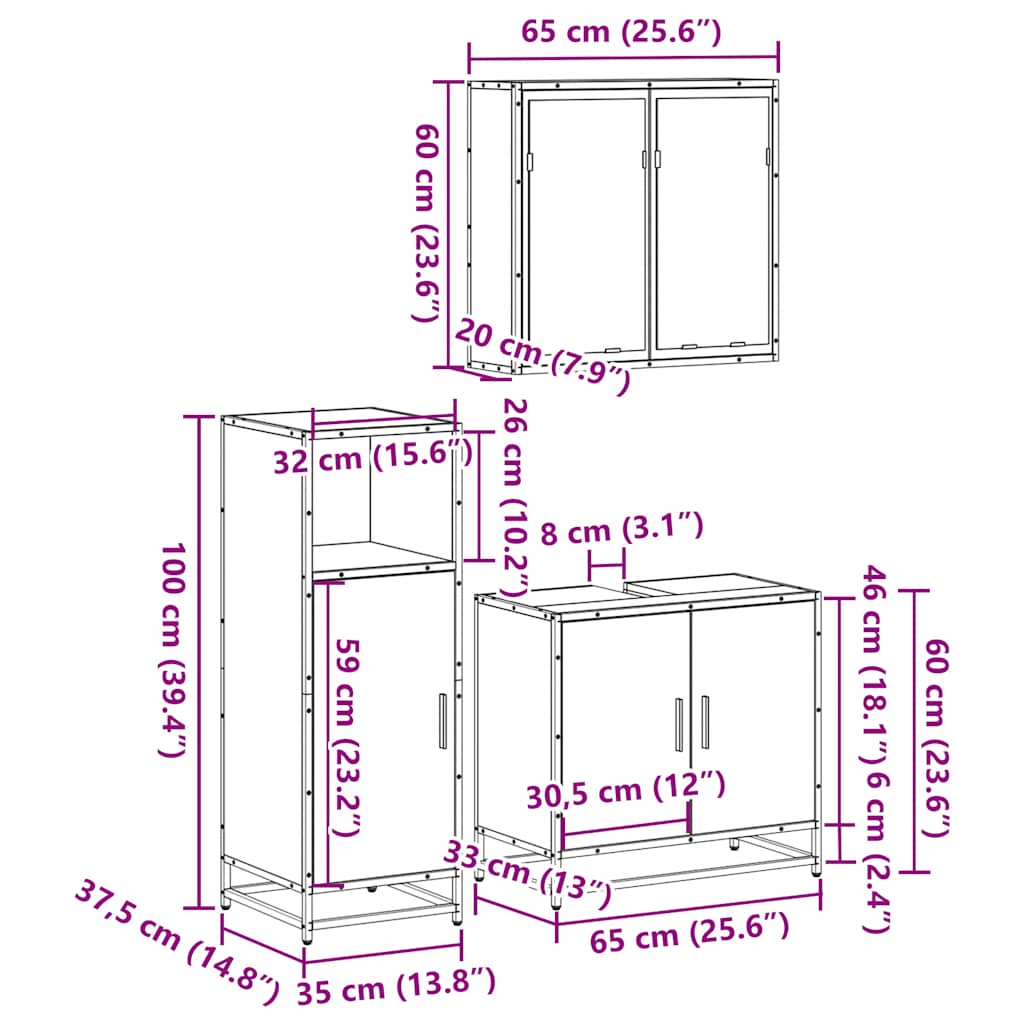 vidaXL 3 Piece Bathroom Furniture Set Sonoma Oak Engineered Wood