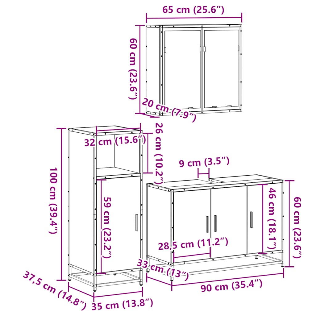 vidaXL 3 Piece Bathroom Furniture Set Sonoma Oak Engineered Wood