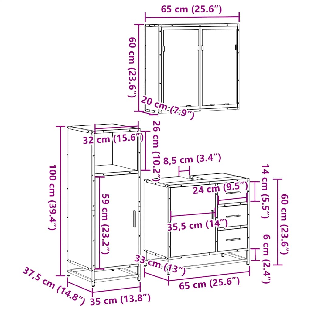 vidaXL 3 Piece Bathroom Furniture Set Sonoma Oak Engineered Wood