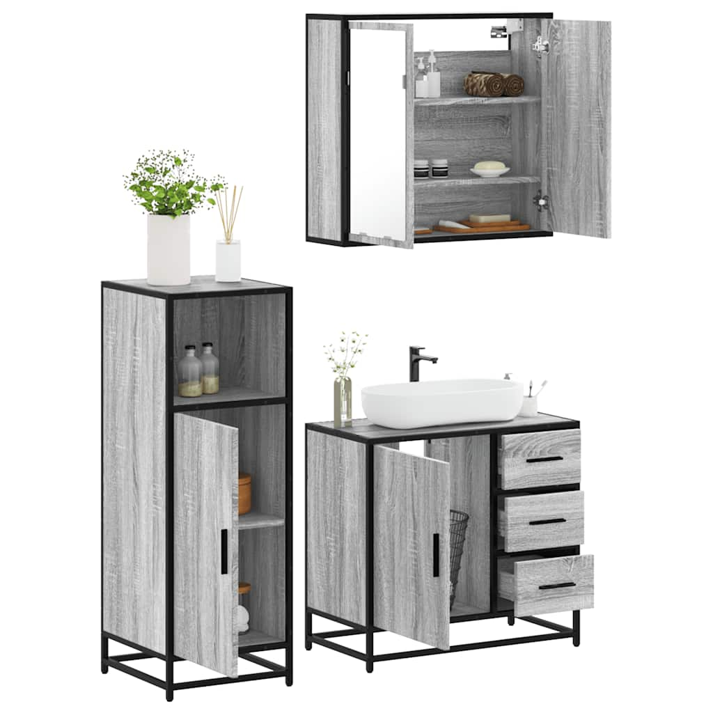 vidaXL 3 Piece Bathroom Furniture Set Grey Sonoma Engineered Wood