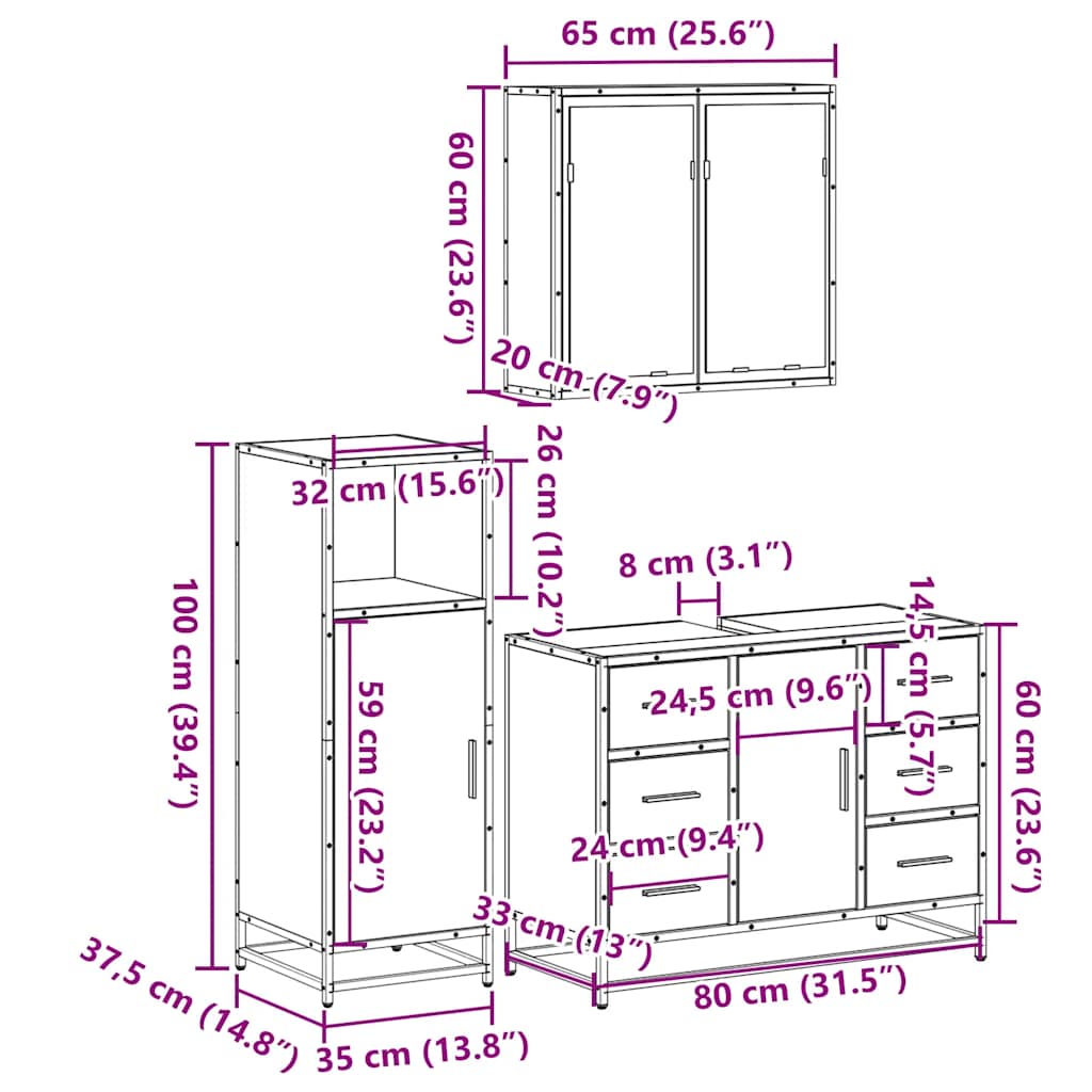 vidaXL 3 Piece Bathroom Furniture Set Smoked Oak Engineered Wood