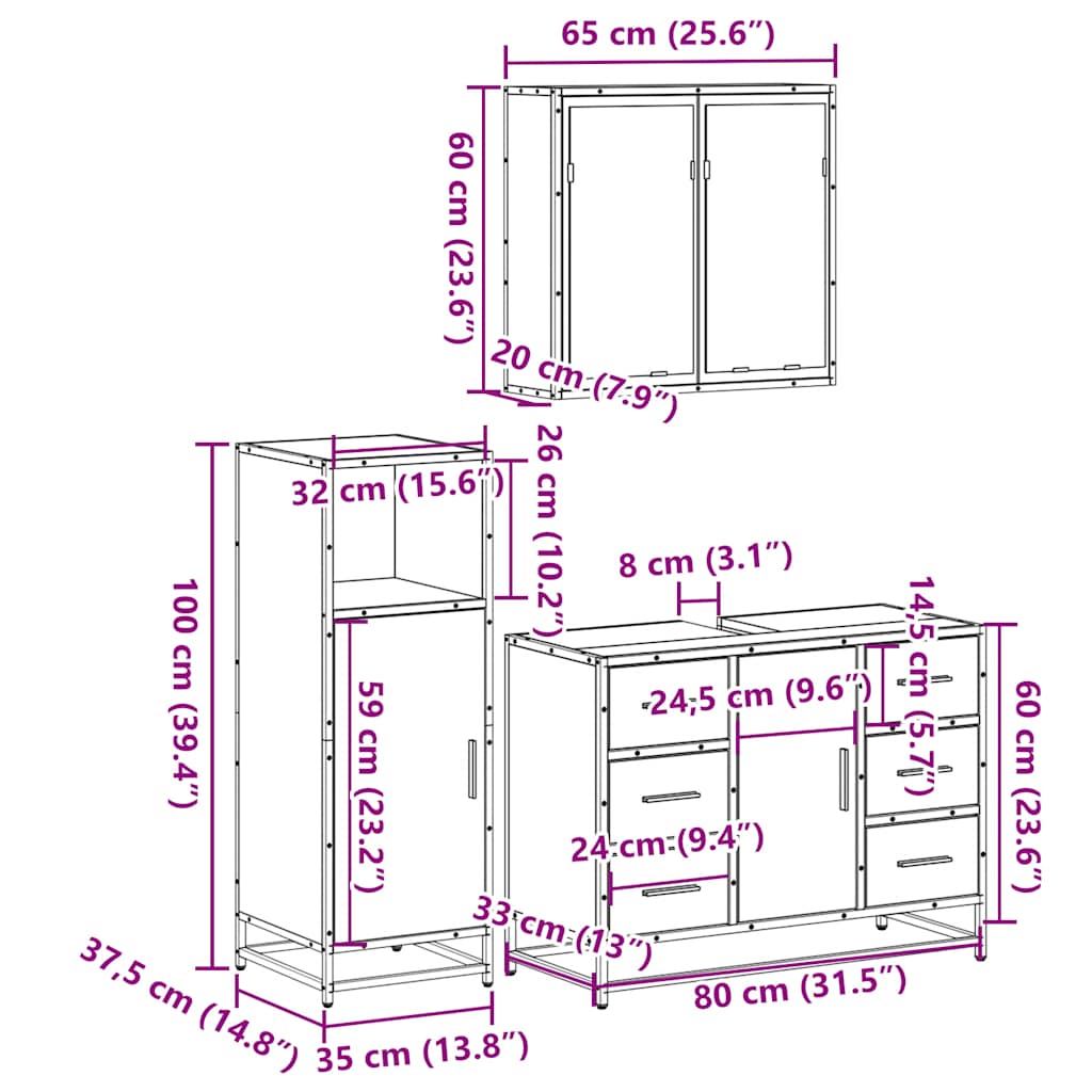 vidaXL 3 Piece Bathroom Furniture Set Grey Sonoma Engineered Wood