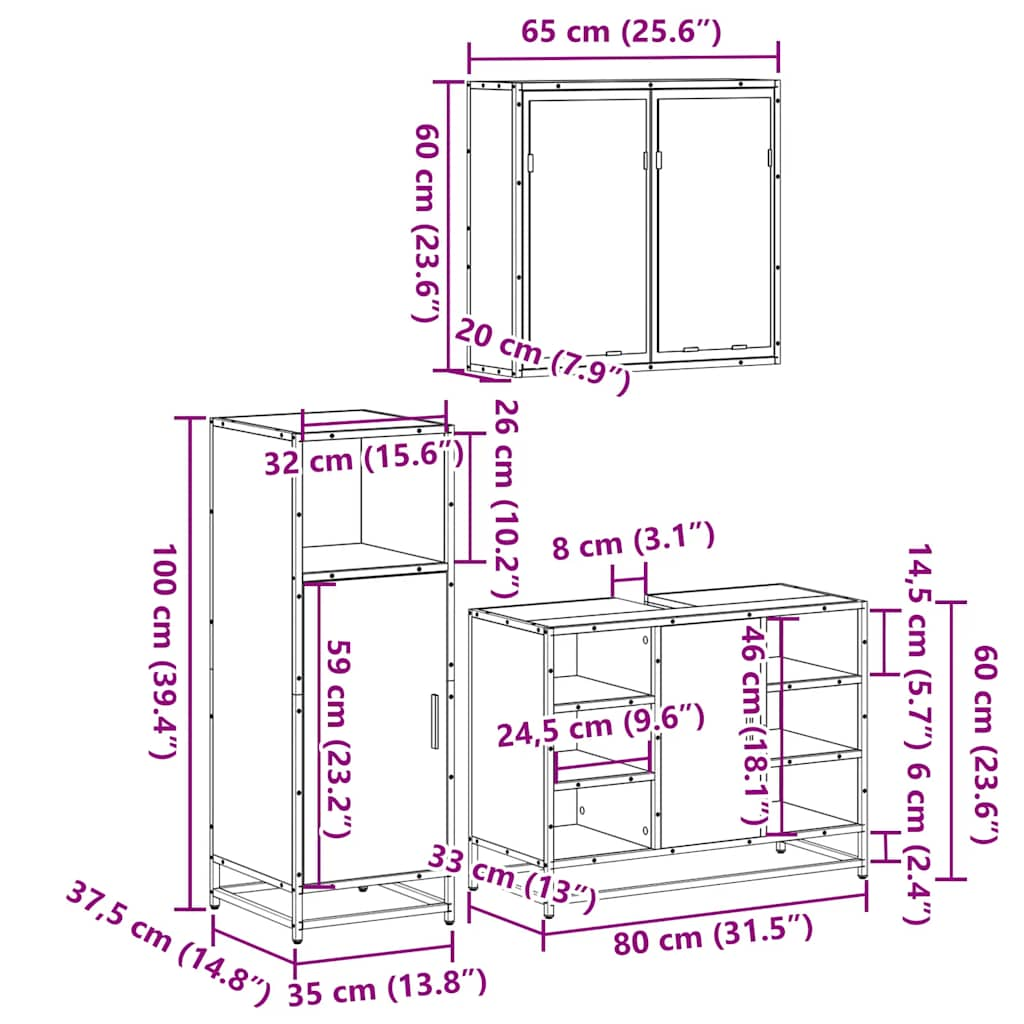 vidaXL 3 Piece Bathroom Furniture Set Sonoma Oak Engineered Wood