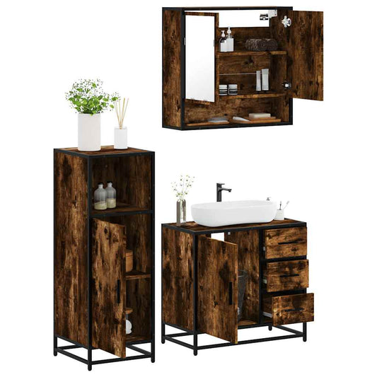 vidaXL 3 Piece Bathroom Furniture Set Smoked Oak Engineered Wood