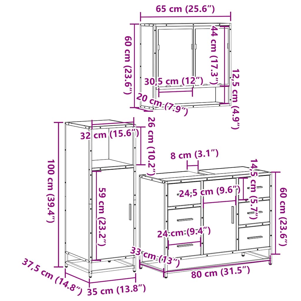 vidaXL 3 Piece Bathroom Furniture Set Smoked Oak Engineered Wood