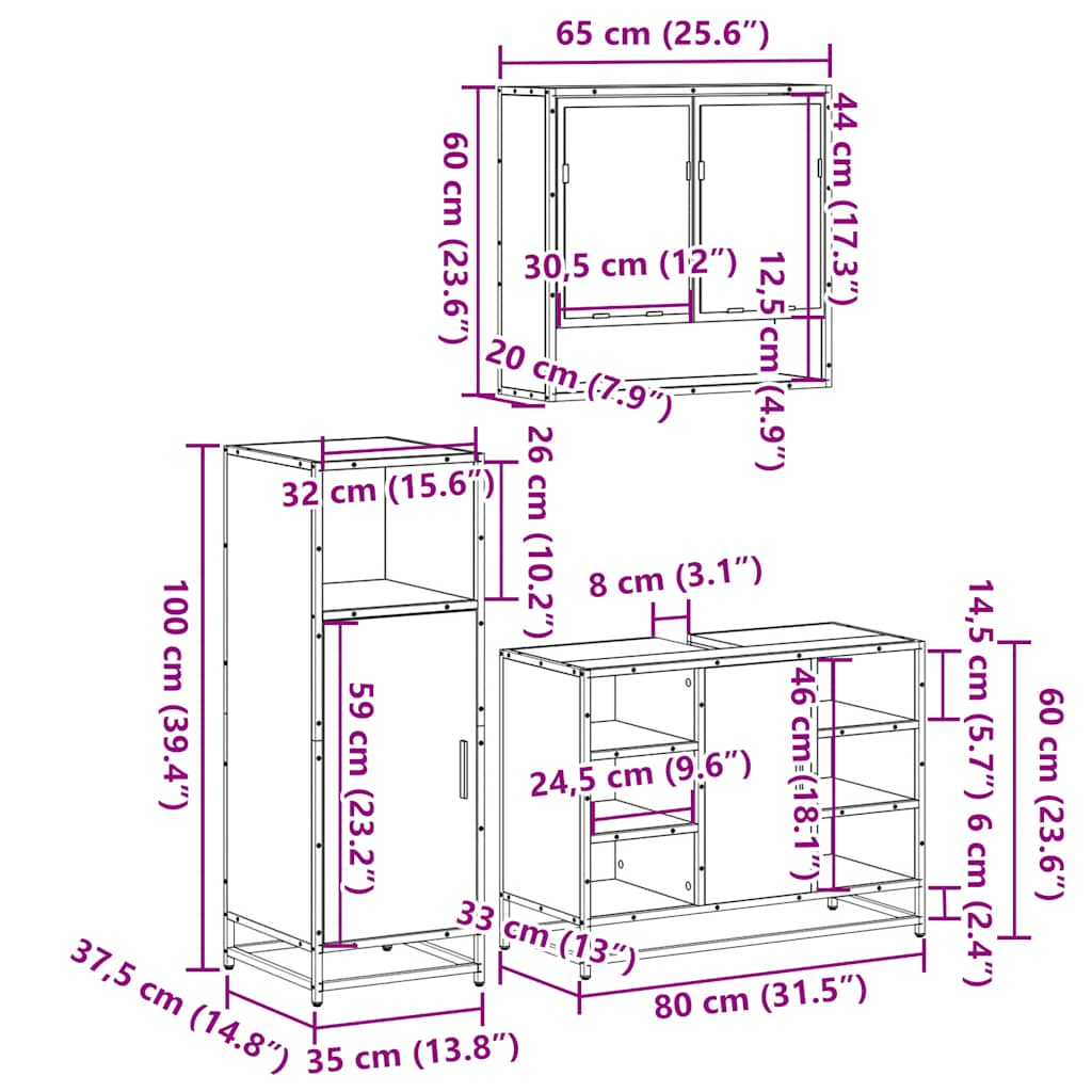 vidaXL 3 Piece Bathroom Furniture Set Smoked Oak Engineered Wood