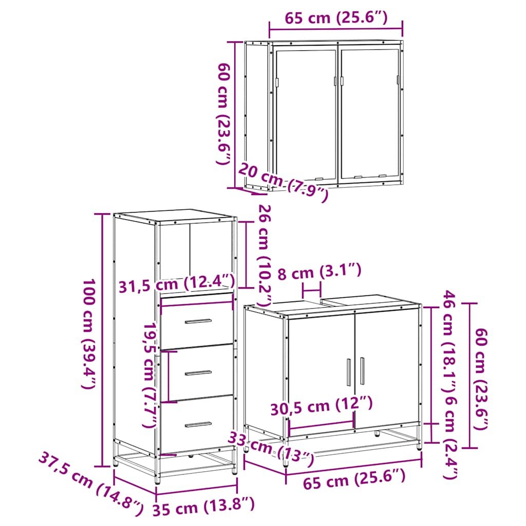 3 Piece Bathroom Furniture Set Sonoma Oak Engineered Wood