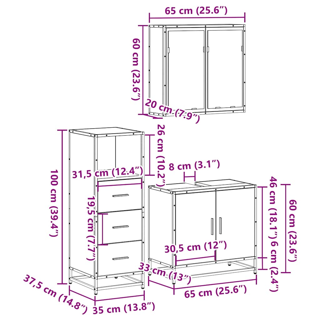 vidaXL 3 Piece Bathroom Furniture Set Smoked Oak Engineered Wood