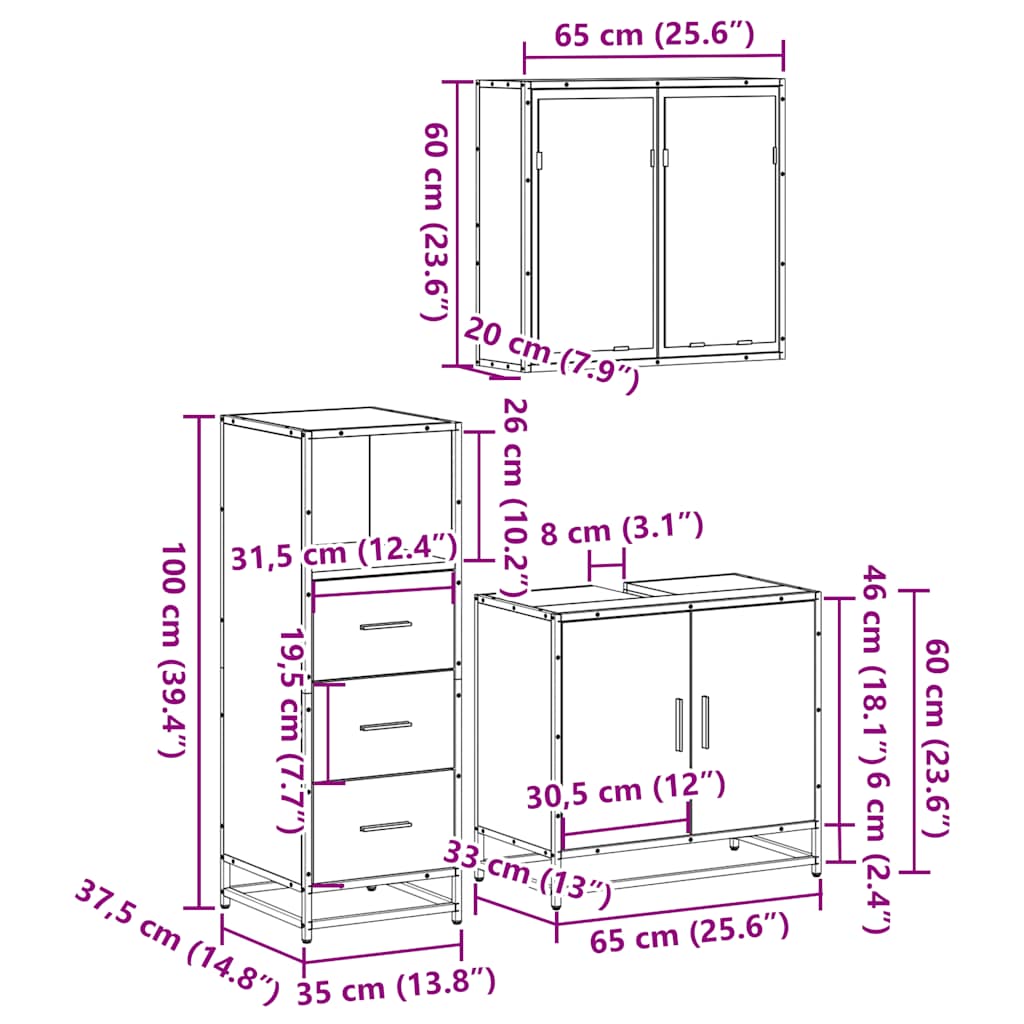3 Piece Bathroom Furniture Set Smoked Oak Engineered Wood