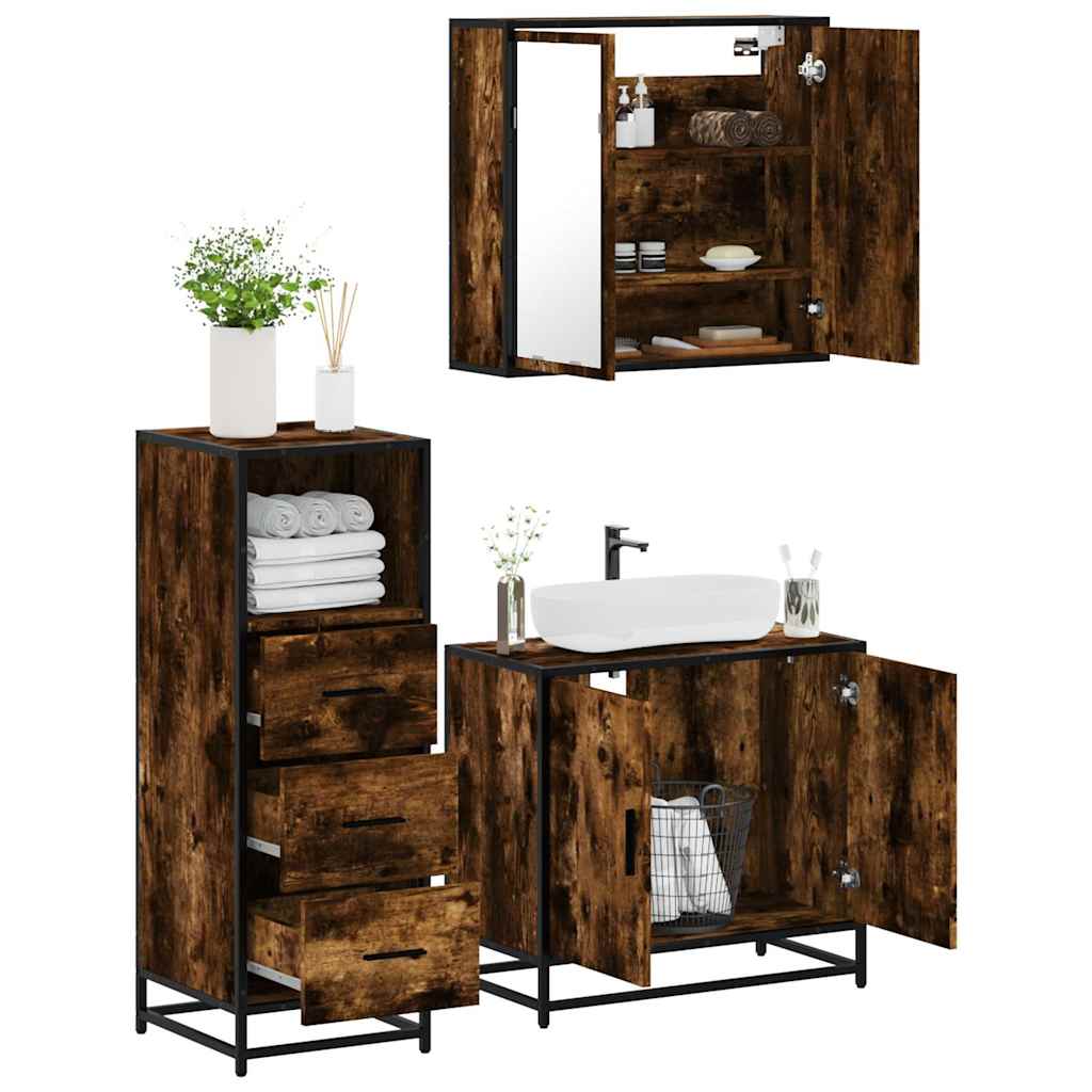 vidaXL 3 Piece Bathroom Furniture Set Smoked Oak Engineered Wood