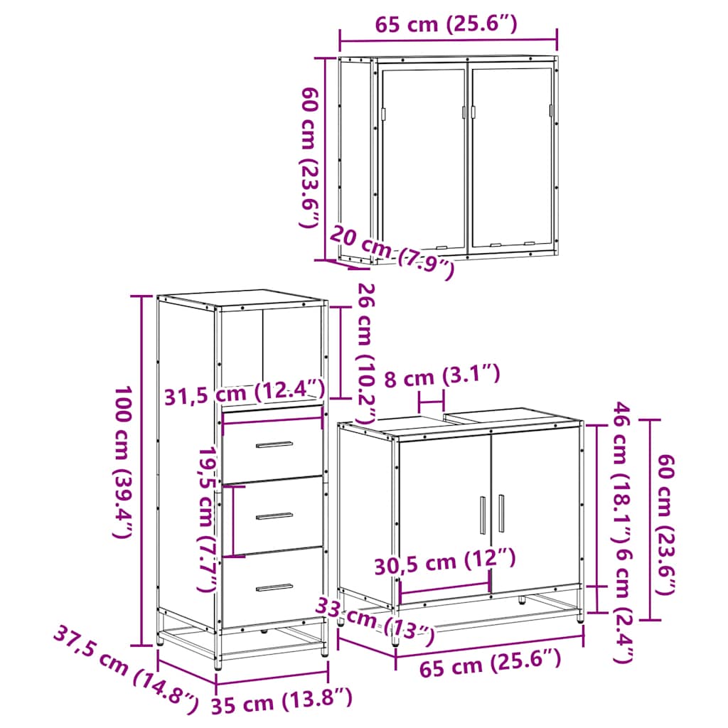 vidaXL 3 Piece Bathroom Furniture Set Grey Sonoma Engineered Wood