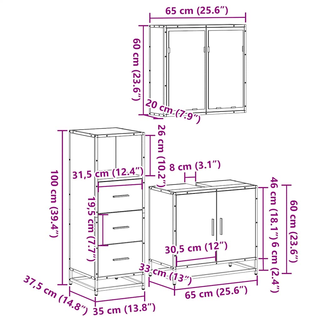 vidaXL 3 Piece Bathroom Furniture Set Brown Oak Engineered Wood