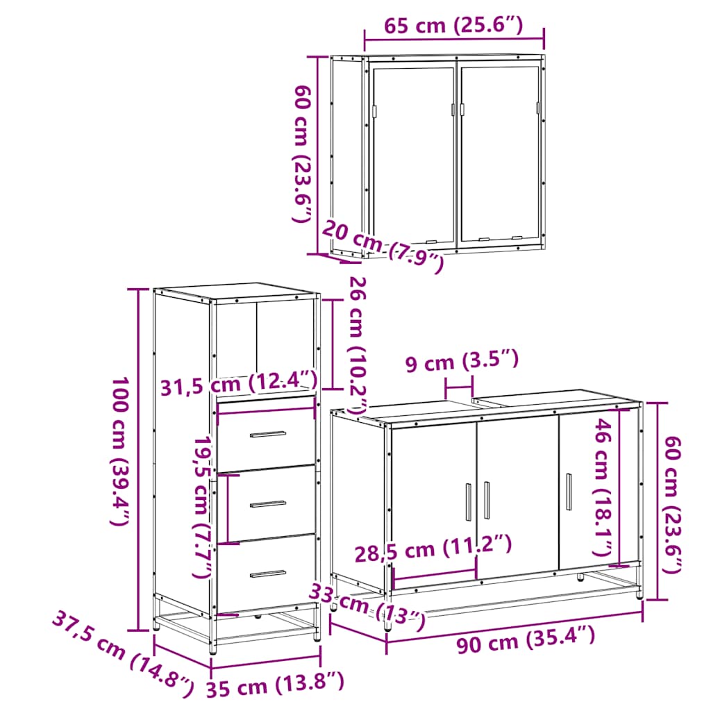 3 Piece Bathroom Furniture Set Sonoma Oak Engineered Wood