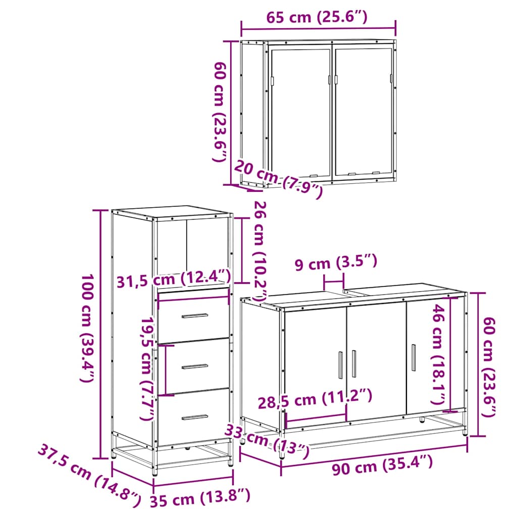 vidaXL 3 Piece Bathroom Furniture Set Grey Sonoma Engineered Wood