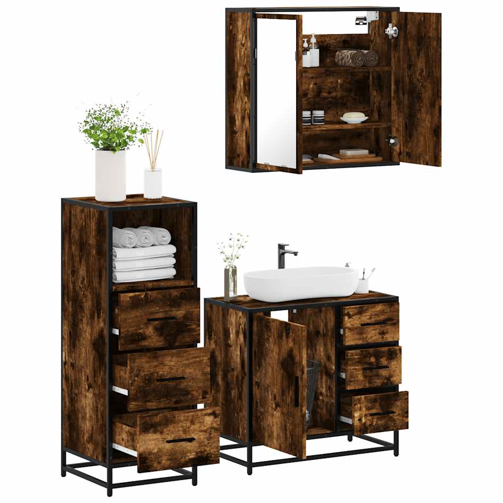 vidaXL 3 Piece Bathroom Furniture Set Smoked Oak Engineered Wood