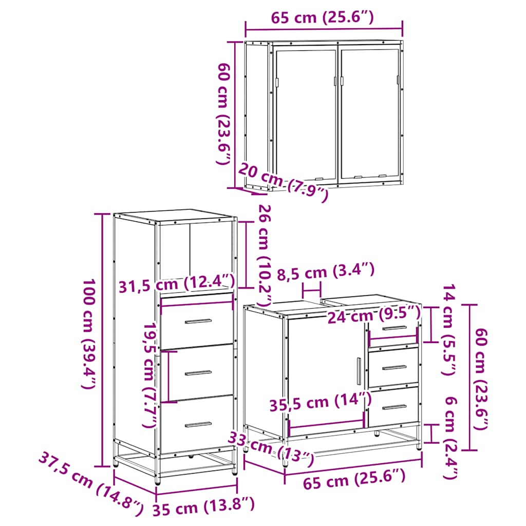 vidaXL 3 Piece Bathroom Furniture Set Grey Sonoma Engineered Wood