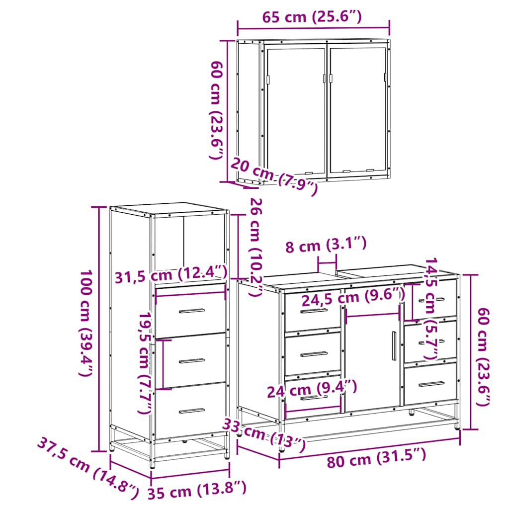 vidaXL 3 Piece Bathroom Furniture Set Black Engineered Wood