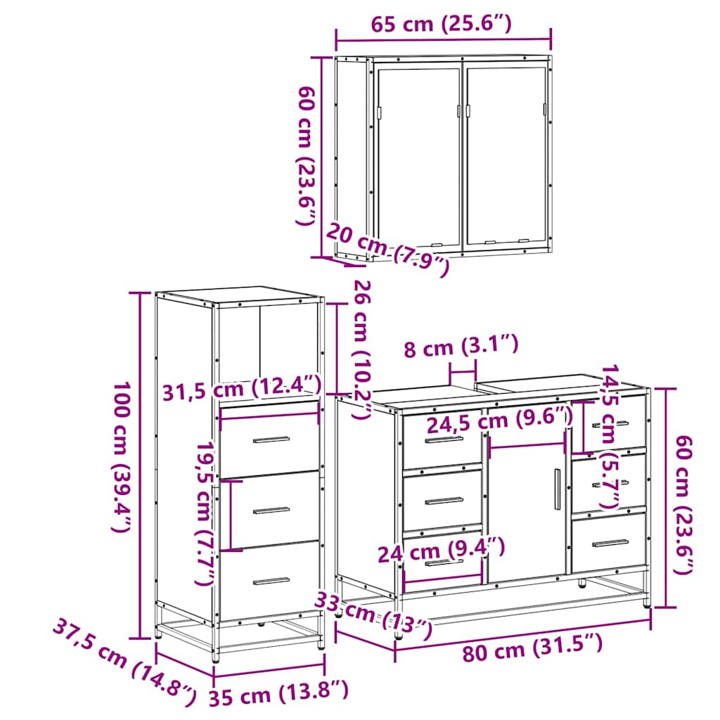 vidaXL 3 Piece Bathroom Furniture Set Grey Sonoma Engineered Wood