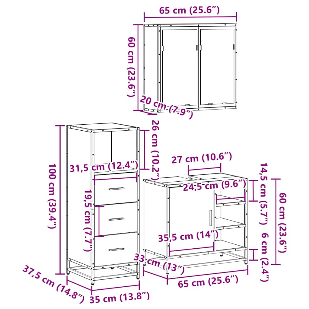 vidaXL 3 Piece Bathroom Furniture Set Sonoma Oak Engineered Wood