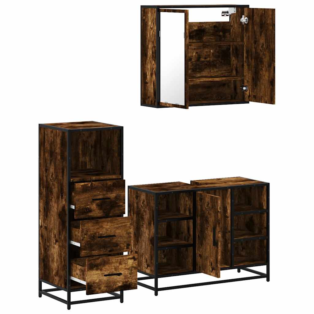 3 Piece Bathroom Furniture Set Smoked Oak Engineered Wood