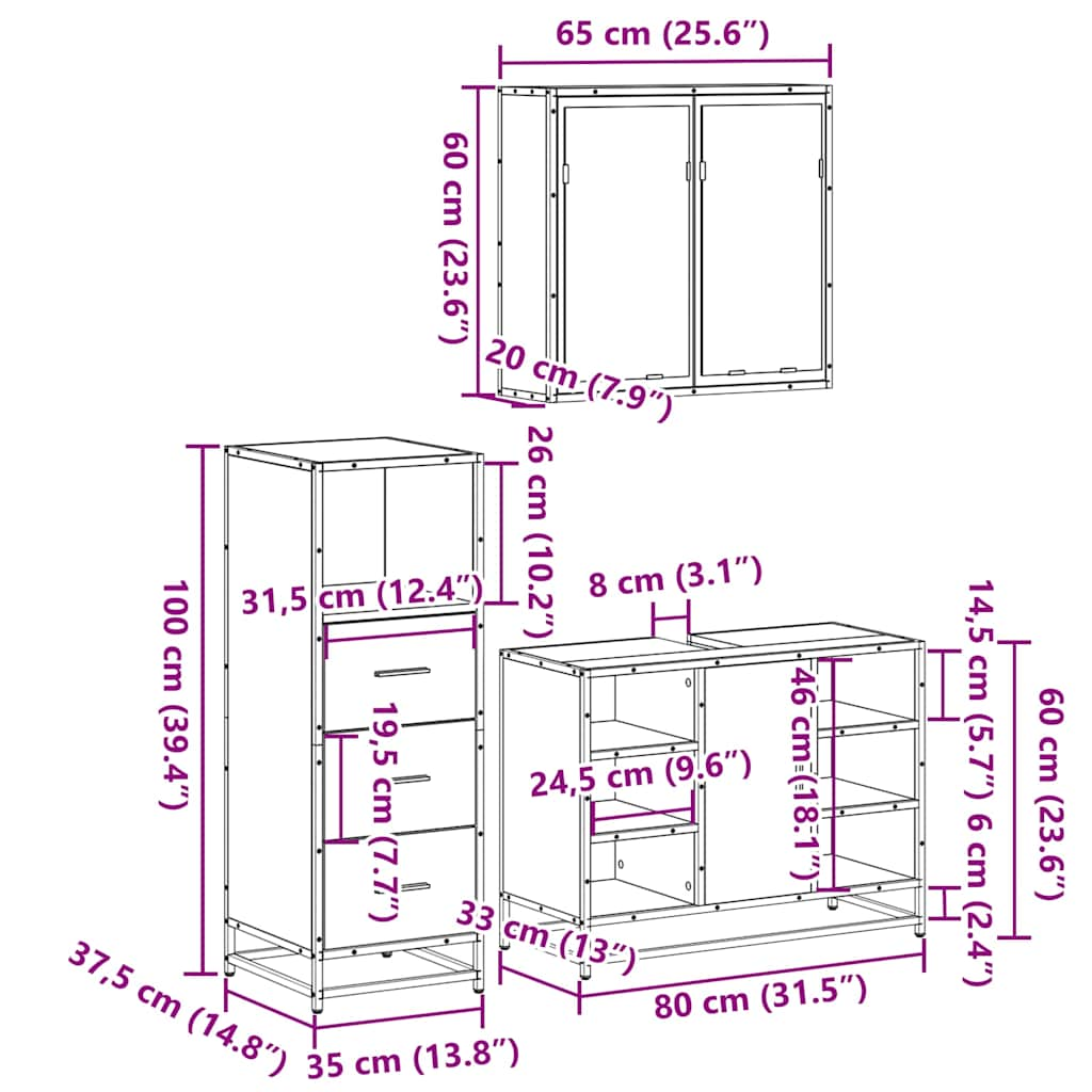 vidaXL 3 Piece Bathroom Furniture Set Smoked Oak Engineered Wood