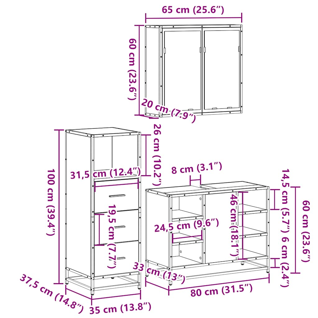 vidaXL 3 Piece Bathroom Furniture Set Grey Sonoma Engineered Wood