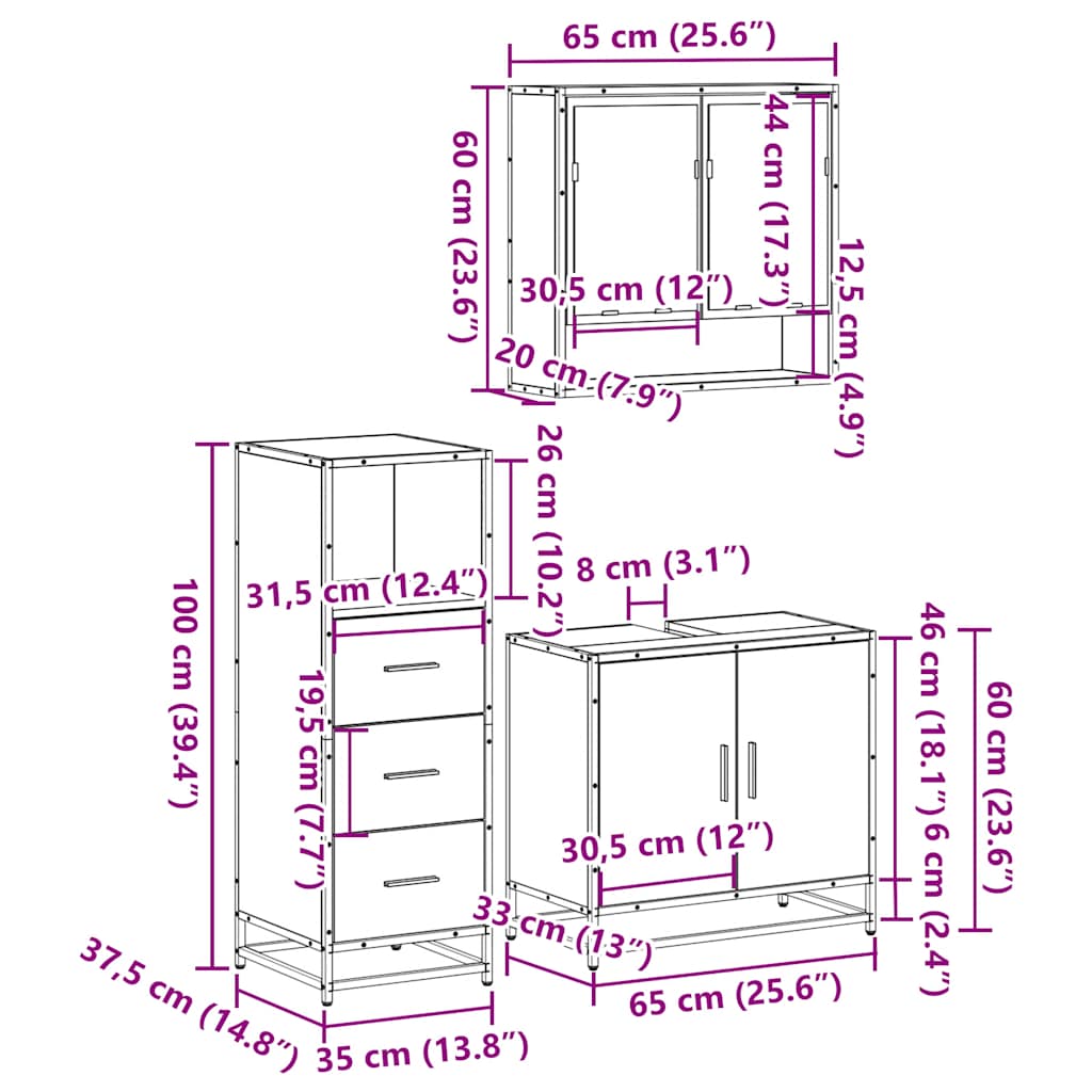 vidaXL 3 Piece Bathroom Furniture Set Smoked Oak Engineered Wood