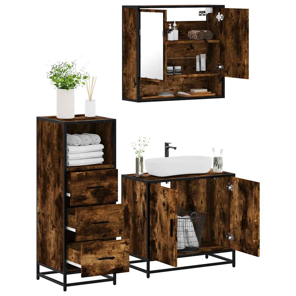 vidaXL 3 Piece Bathroom Furniture Set Smoked Oak Engineered Wood