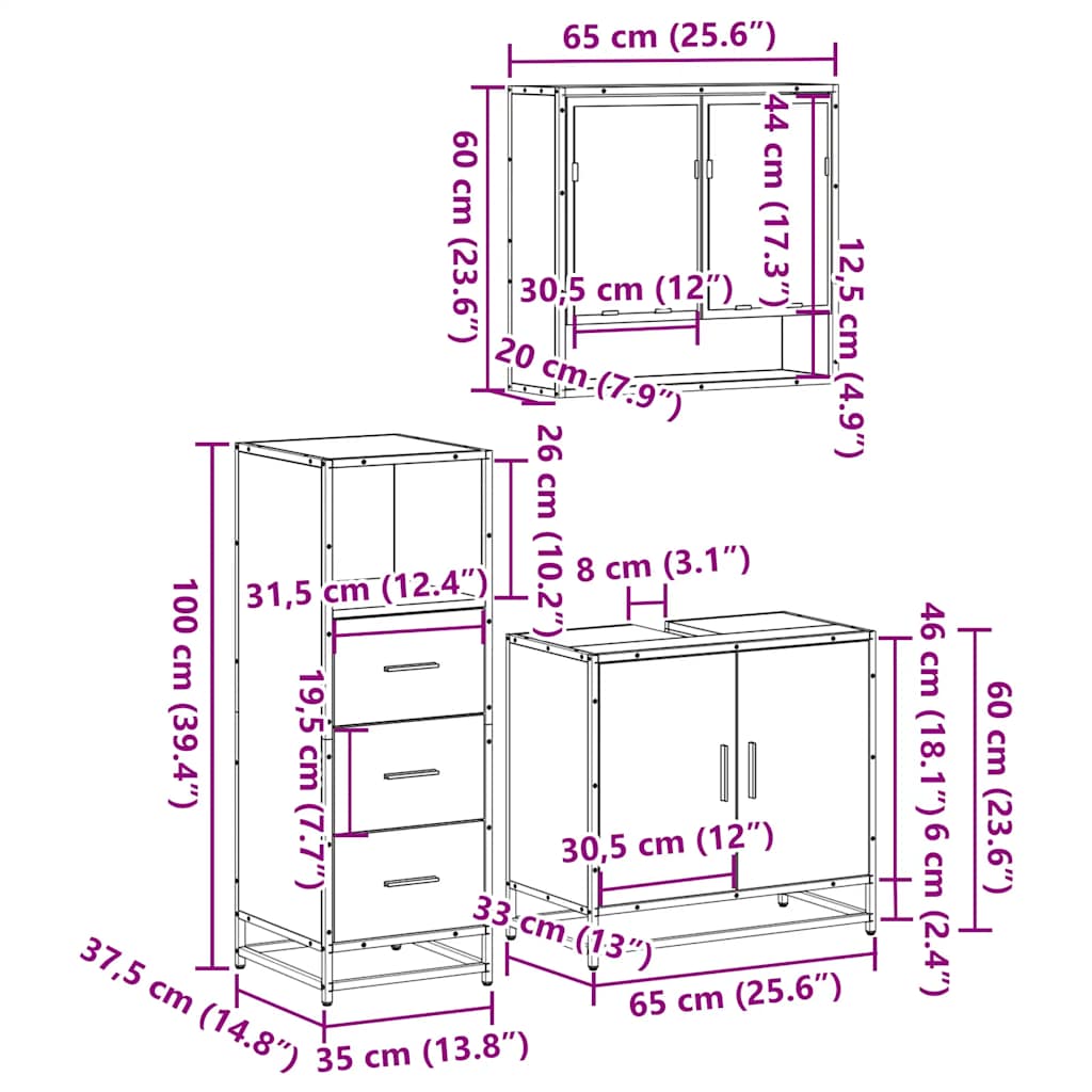 vidaXL 3 Piece Bathroom Furniture Set Grey Sonoma Engineered Wood