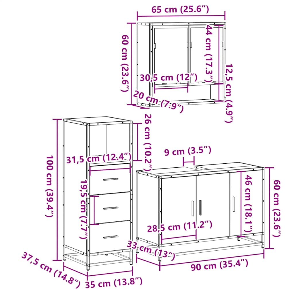 vidaXL 3 Piece Bathroom Furniture Set Sonoma Oak Engineered Wood