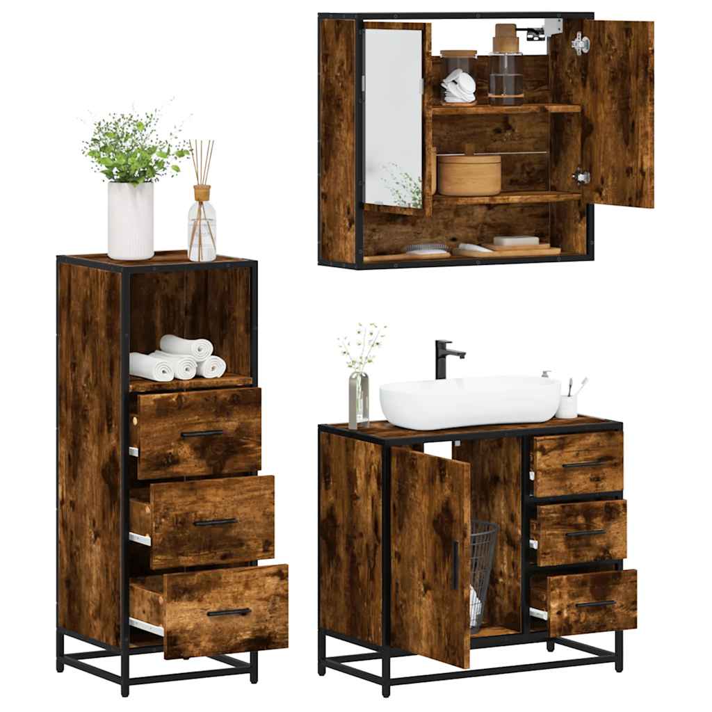 vidaXL 3 Piece Bathroom Furniture Set Smoked Oak Engineered Wood