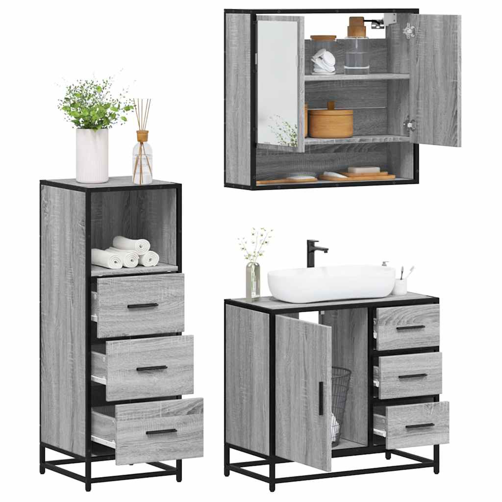 vidaXL 3 Piece Bathroom Furniture Set Grey Sonoma Engineered Wood