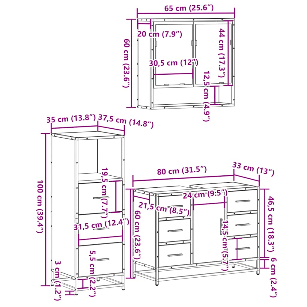 vidaXL 3 Piece Bathroom Furniture Set Black Engineered Wood