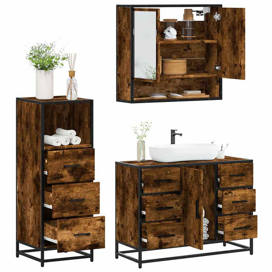 vidaXL 3 Piece Bathroom Furniture Set Smoked Oak Engineered Wood