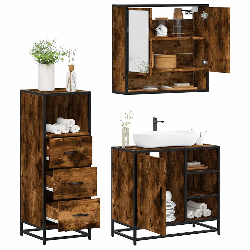 vidaXL 3 Piece Bathroom Furniture Set Smoked Oak Engineered Wood