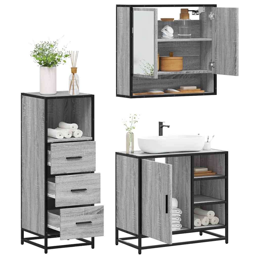 vidaXL 3 Piece Bathroom Furniture Set Grey Sonoma Engineered Wood