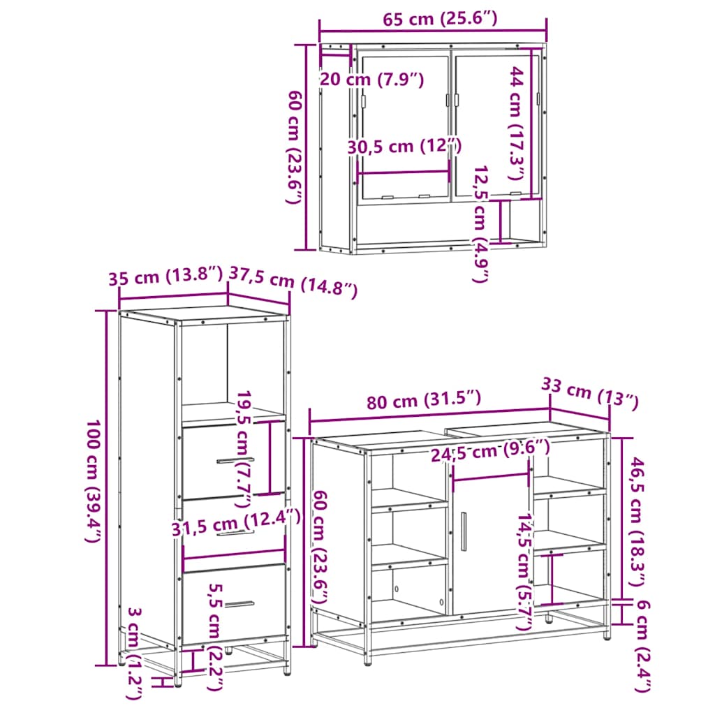 vidaXL 3 Piece Bathroom Furniture Set Black Engineered Wood