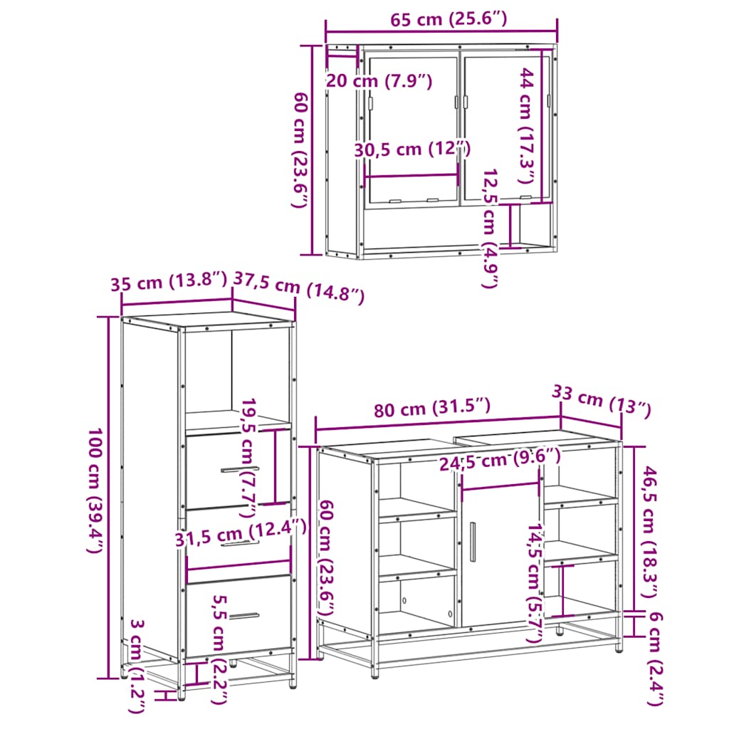 vidaXL 3 Piece Bathroom Furniture Set Sonoma Oak Engineered Wood