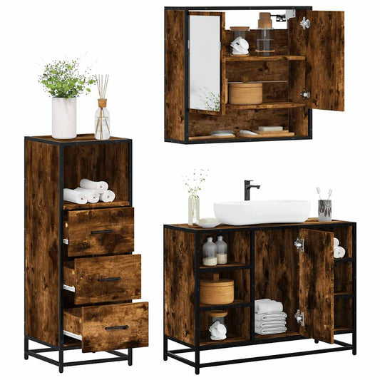 vidaXL 3 Piece Bathroom Furniture Set Smoked Oak Engineered Wood