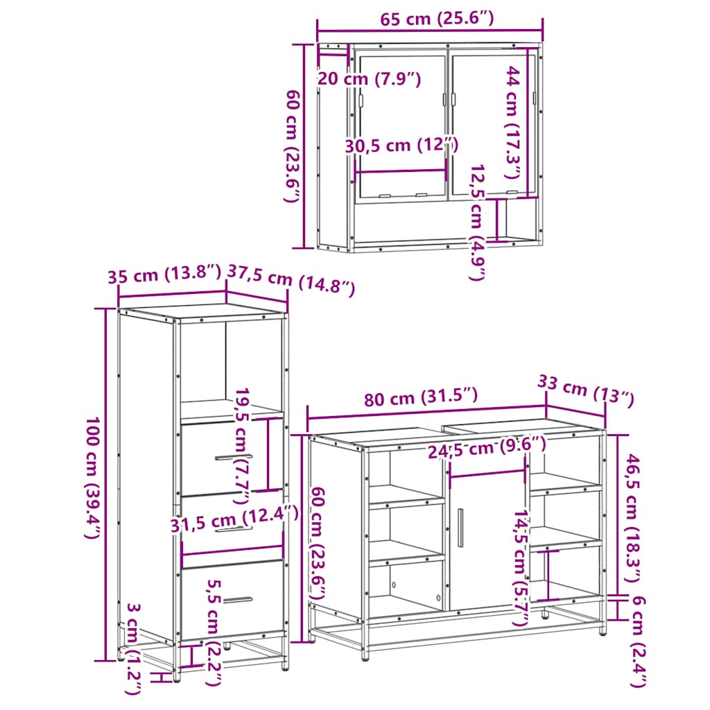 vidaXL 3 Piece Bathroom Furniture Set Grey Sonoma Engineered Wood