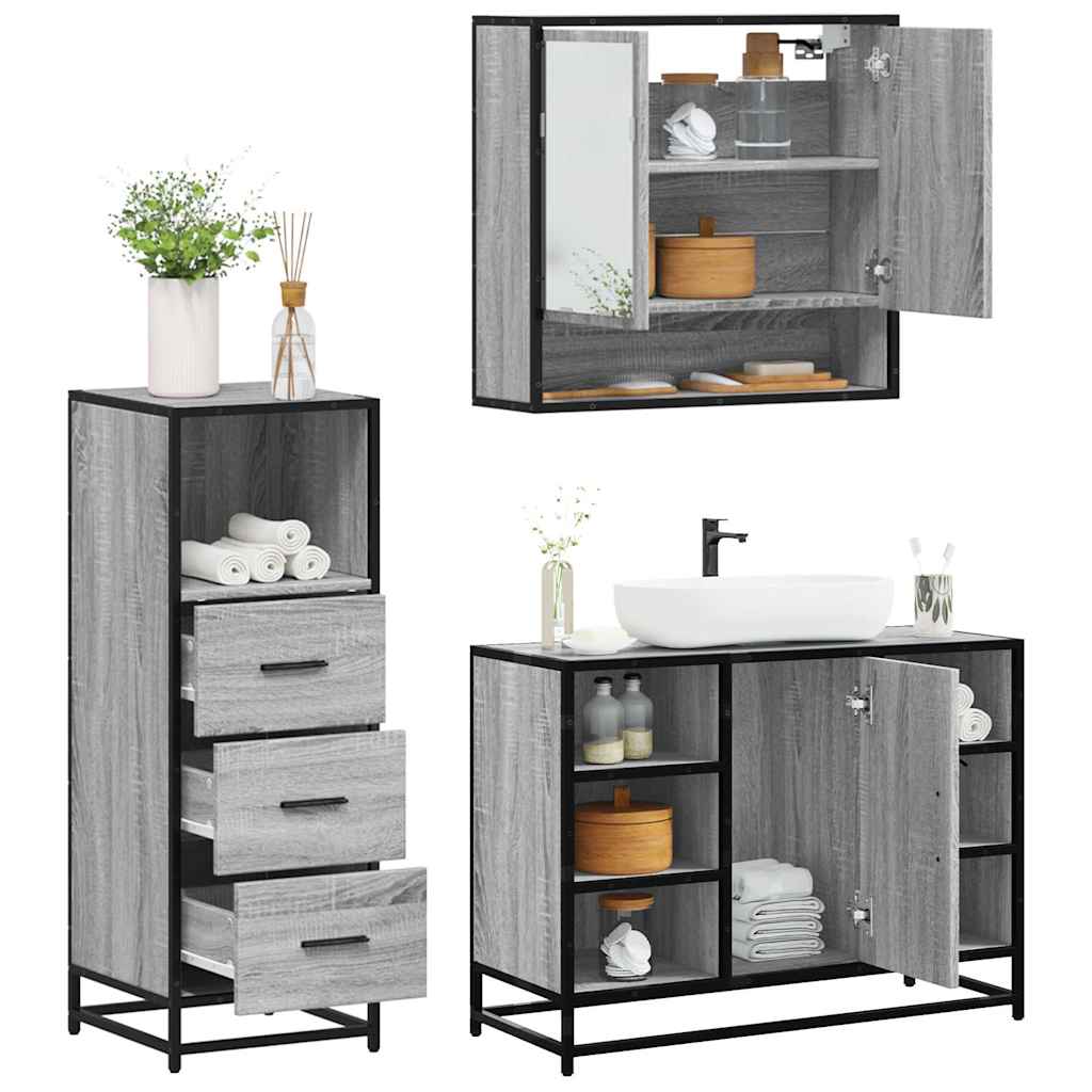 vidaXL 3 Piece Bathroom Furniture Set Grey Sonoma Engineered Wood