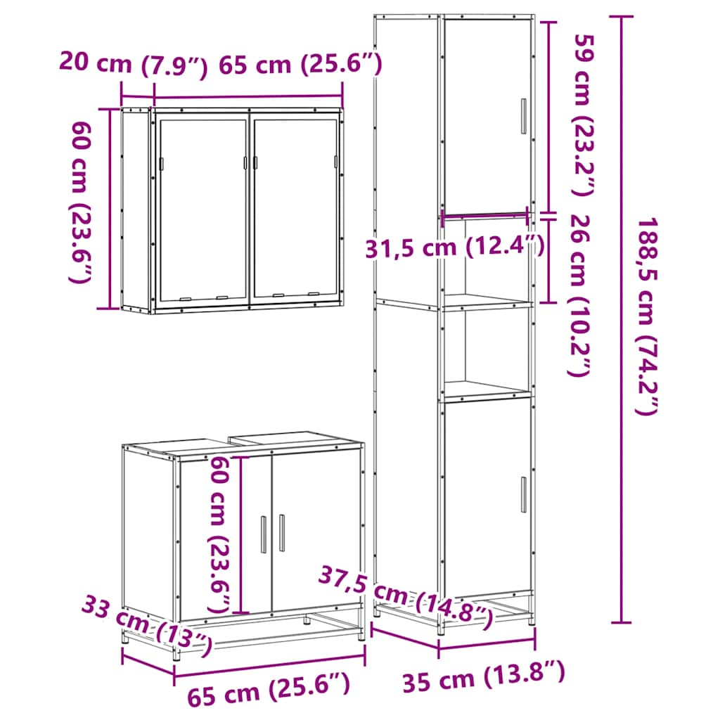 vidaXL 3 Piece Bathroom Furniture Set Sonoma Oak Engineered Wood