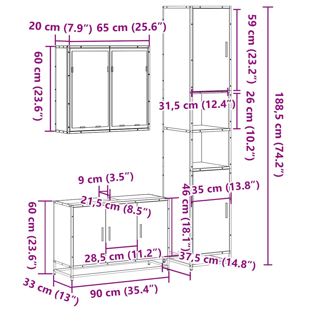 vidaXL 3 Piece Bathroom Furniture Set Sonoma Oak Engineered Wood